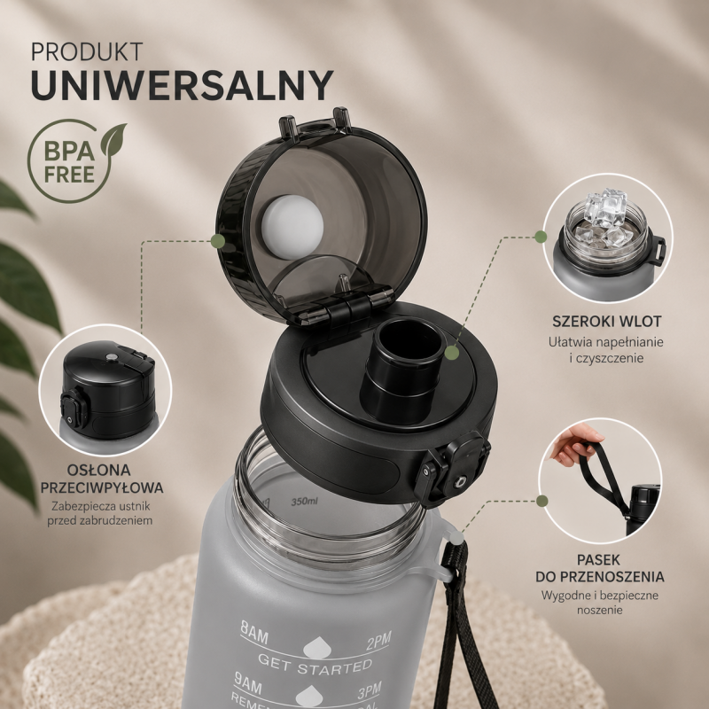 Butelka na wodę, bidon z miarką 1L OMBRE Szary z Czernią BD16
