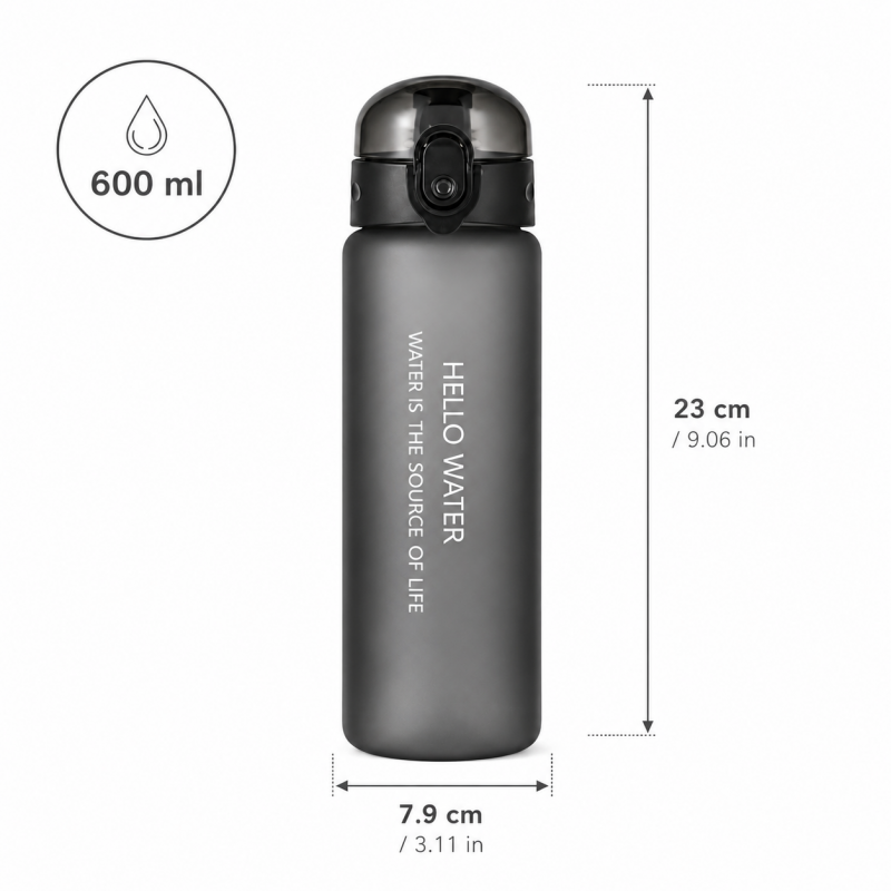 Butelka na wodę, sportowy bidon HELLO WATER 600ML czarny BD69