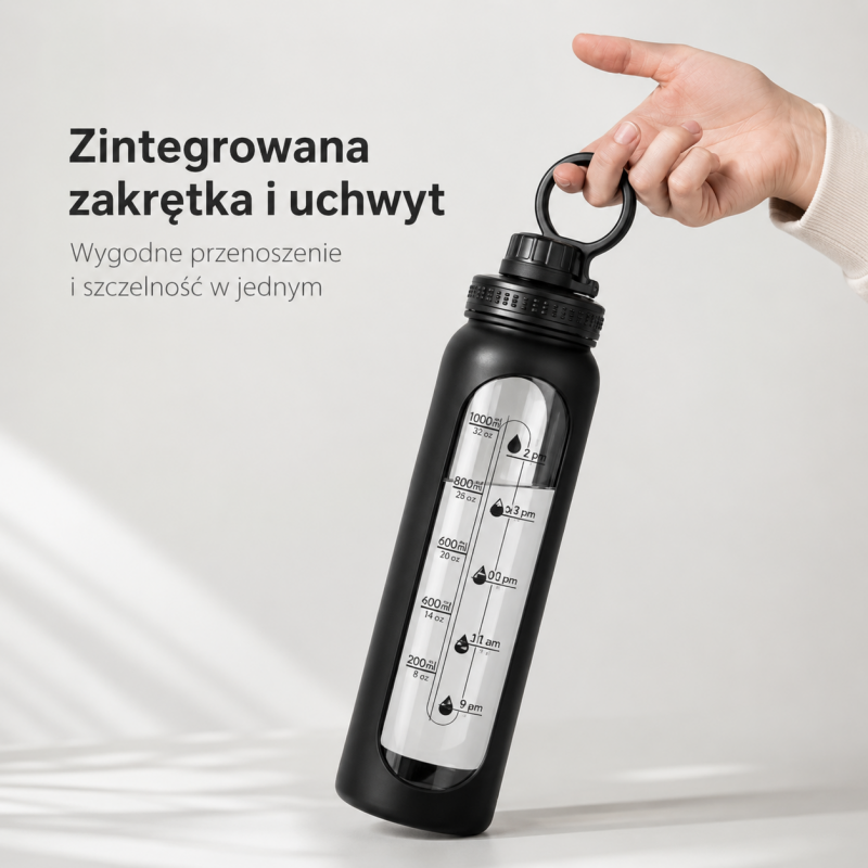 Butelka na wodę, sportowy bidon z miarką 1L czarny, transparentny z uchwytem BD70