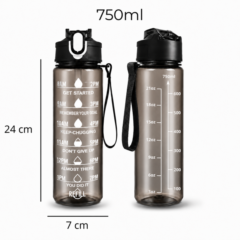 Butelka na wodę, sportowy bidon z miarką i hasłami motywacyjnymi 750ML czarna BD60