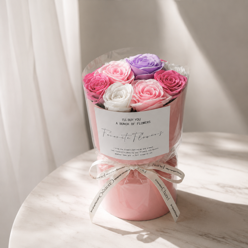 Flower box, bukiet zapachowych kwiatów mydlanych w pudełku fiolet 10szt. BUK27F