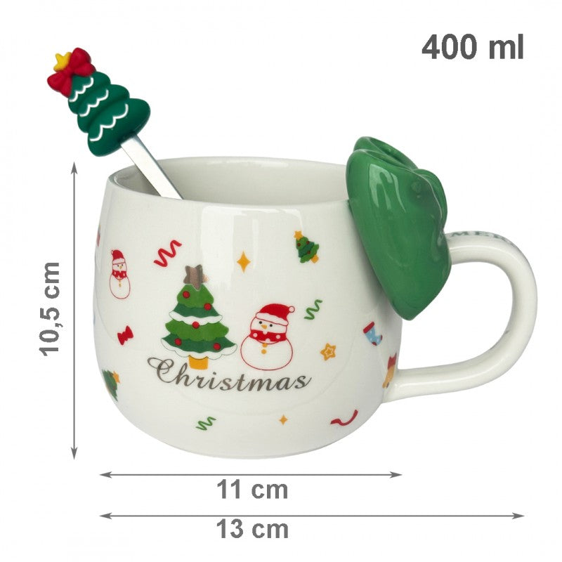 KUBEK ŚWIĄTECZNY Z KOKARDĄ - zestaw w pudełku z łyżeczką 400 ml KB25ZIE