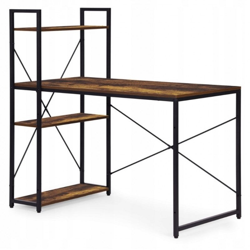 Loftowe biurko komputerowe z regałem, półkami, 120 x 60cm, czarne, brązowy blat  STL24BR
