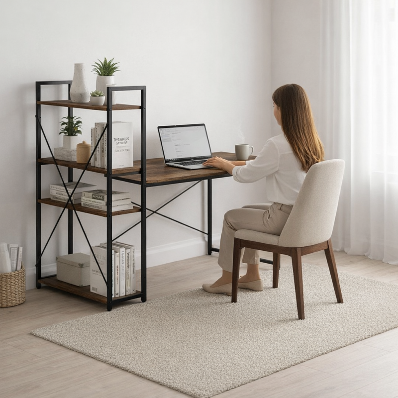 Loftowe biurko komputerowe z regałem, półkami, 120 x 60cm, czarne, brązowy blat  STL24BR