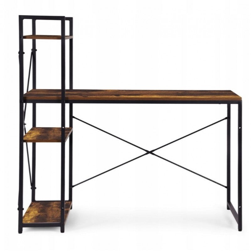 Loftowe biurko komputerowe z regałem, półkami, 120 x 60cm, czarne, brązowy blat  STL24BR