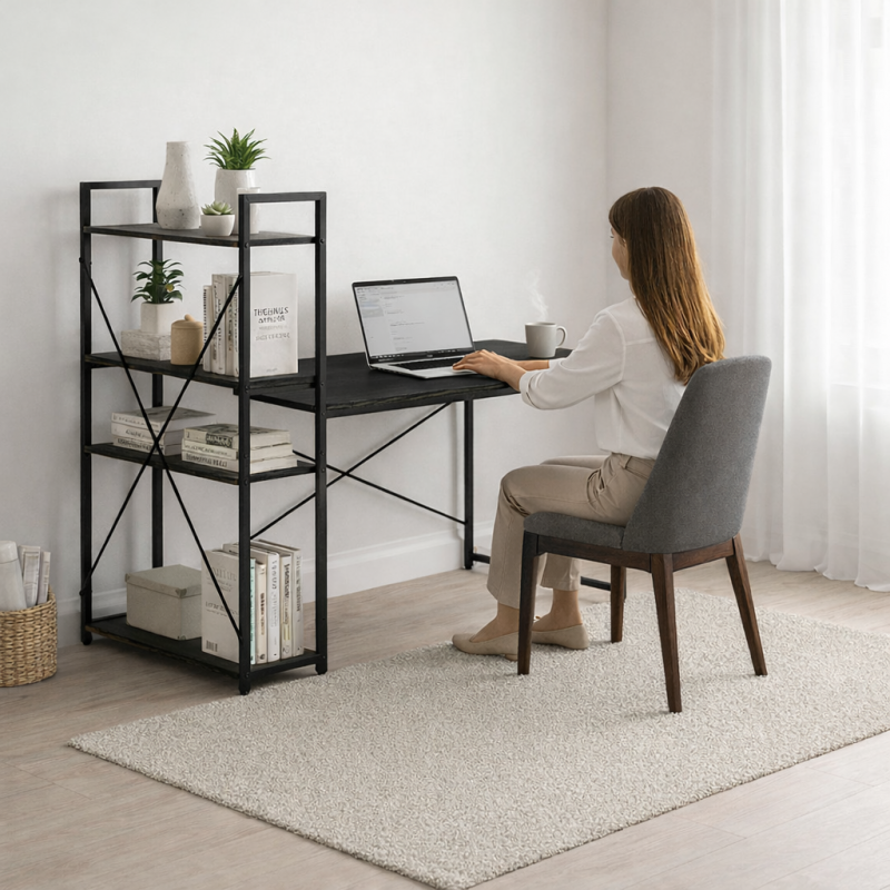 Loftowe biurko komputerowe z regałem, półkami, 120 x 60cm, czarne, czarny blat  STL24CZ