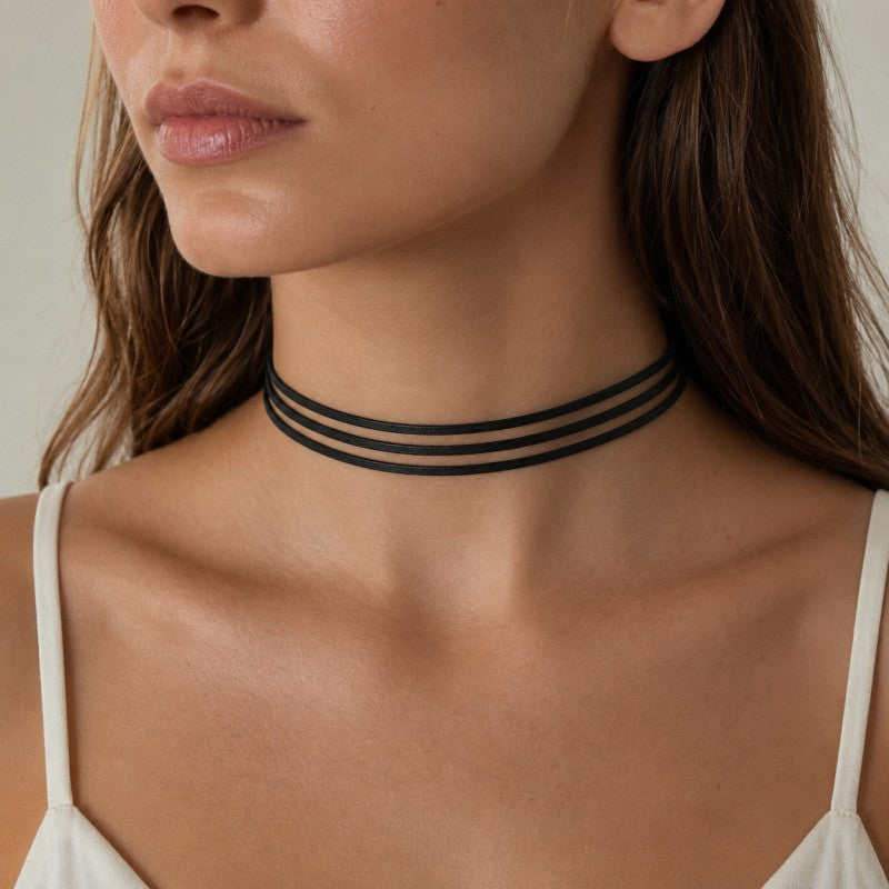 NASZYJNIK CZARNY MATOWY CHOKER POTRÓJNY N284