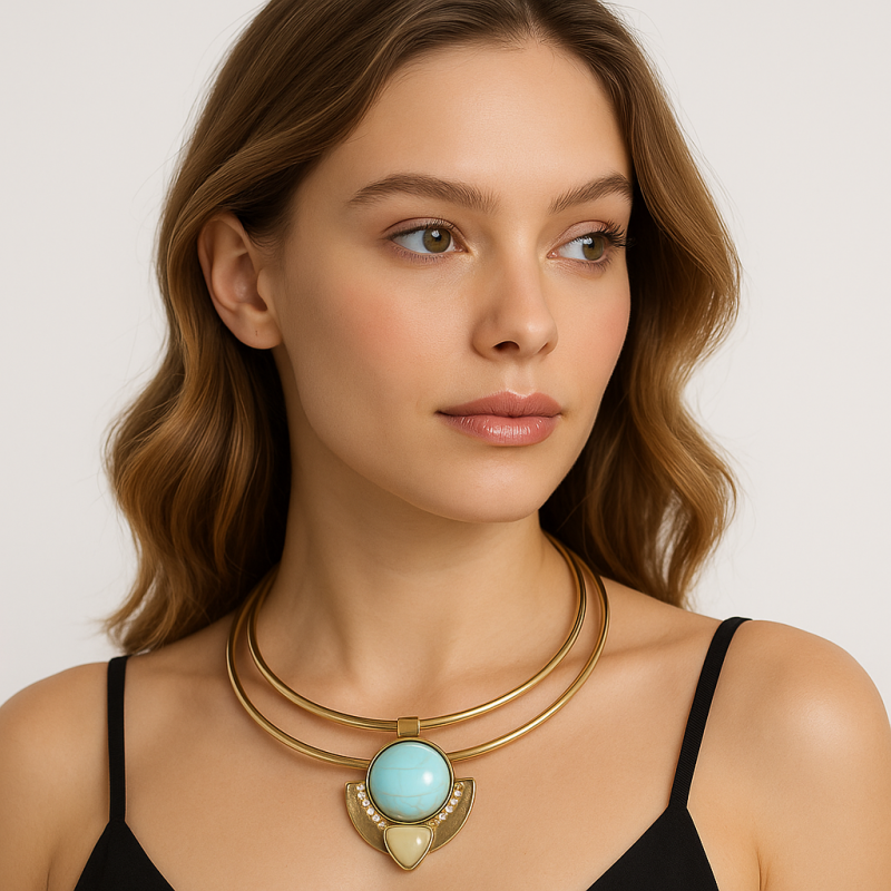 Naszyjnik, kolia podwójna obręcz BLUE STONE N229