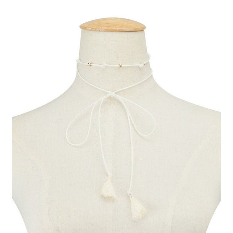 NASZYJNIK WIĄZNY CHOKER RZEMYK FRĘDZLE BIAŁY