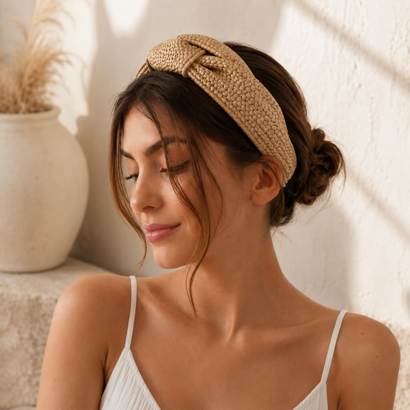 Opaska do włosów, turban BOHO wiklinowa pleciona, kremowa, brązowa O286BR