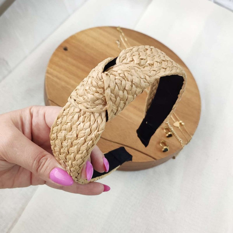 Opaska do włosów, turban BOHO wiklinowa pleciona, kremowa, brązowa O286BR