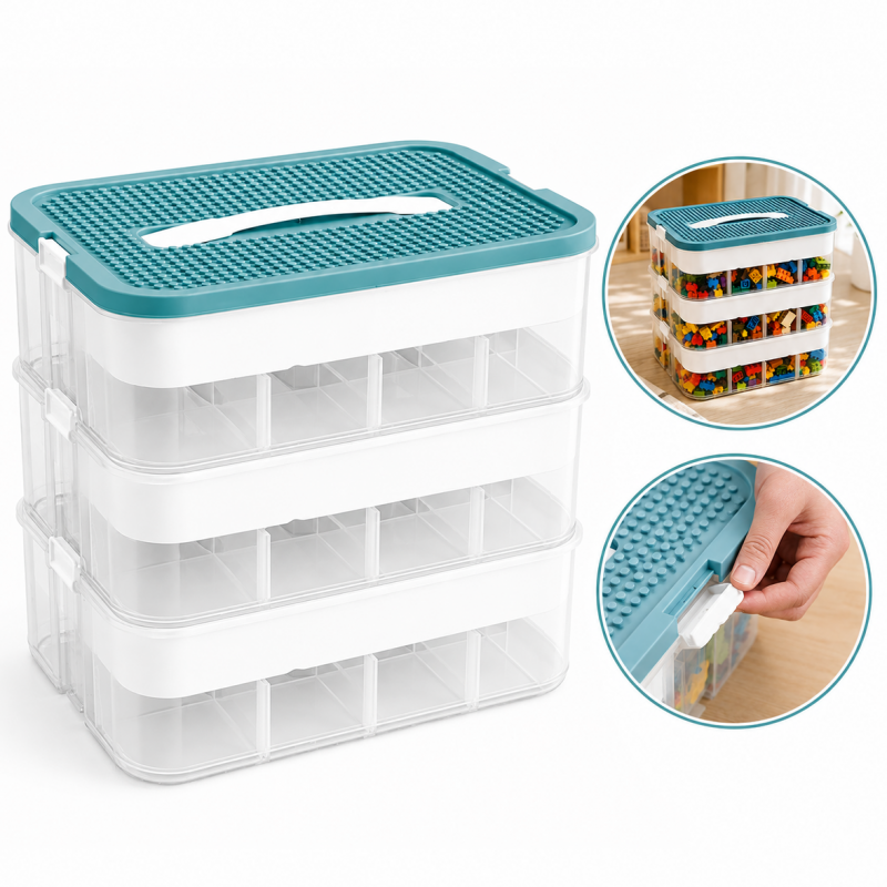 Organizer, pojemnik, sorter na klocki, 3 piętrowy z tacą do układania 31x30x22cm CB82
