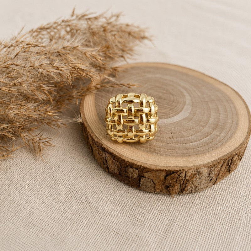 Pierścionek stal szlachetna platerowana 14k złotem, regulowany duży, PLECIONY PST1059