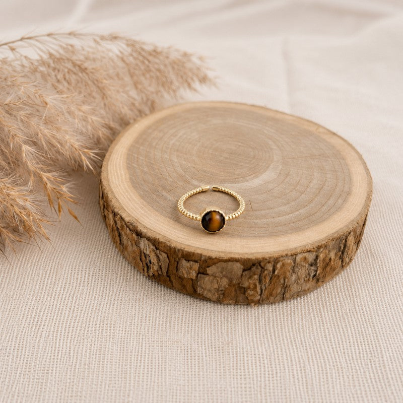 Pierścionek stal szlachetna platerowana 14k złotem, regulowany, TIGER STONE PST1047
