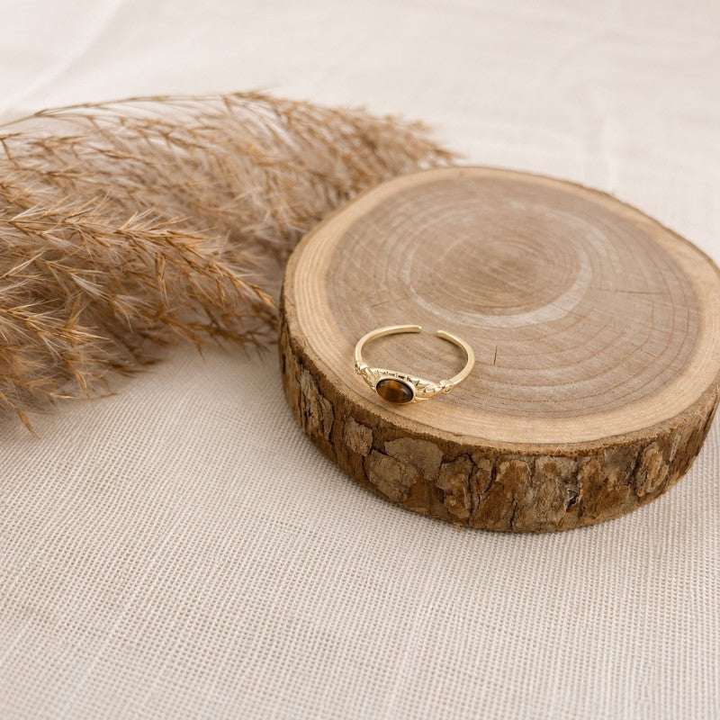 Pierścionek stal szlachetna platerowana 14k złotem, regulowany, TIGER STONE PST1048