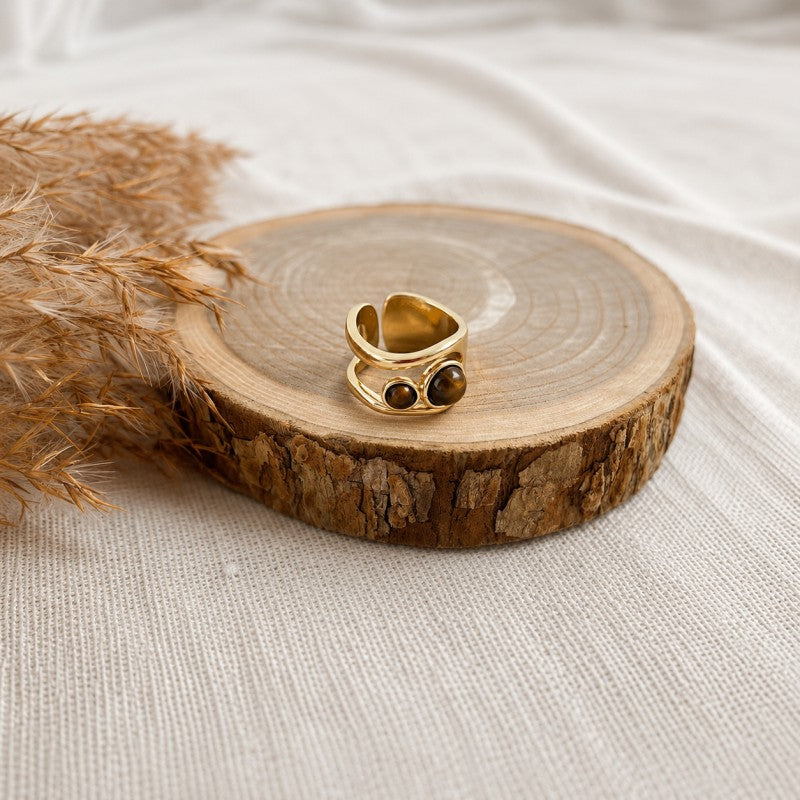 Pierścionek stal szlachetna platerowana 14k złotem, regulowany, TIGER STONE PST1049