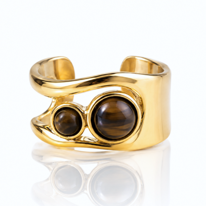 Pierścionek stal szlachetna platerowana 14k złotem, regulowany, TIGER STONE PST1049