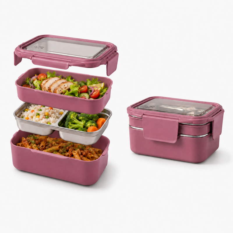 Śniadaniówka LUNCH BOX z widelcem, stal nierdzewna, 2 poziomy, ciemny róż PJM50CR
