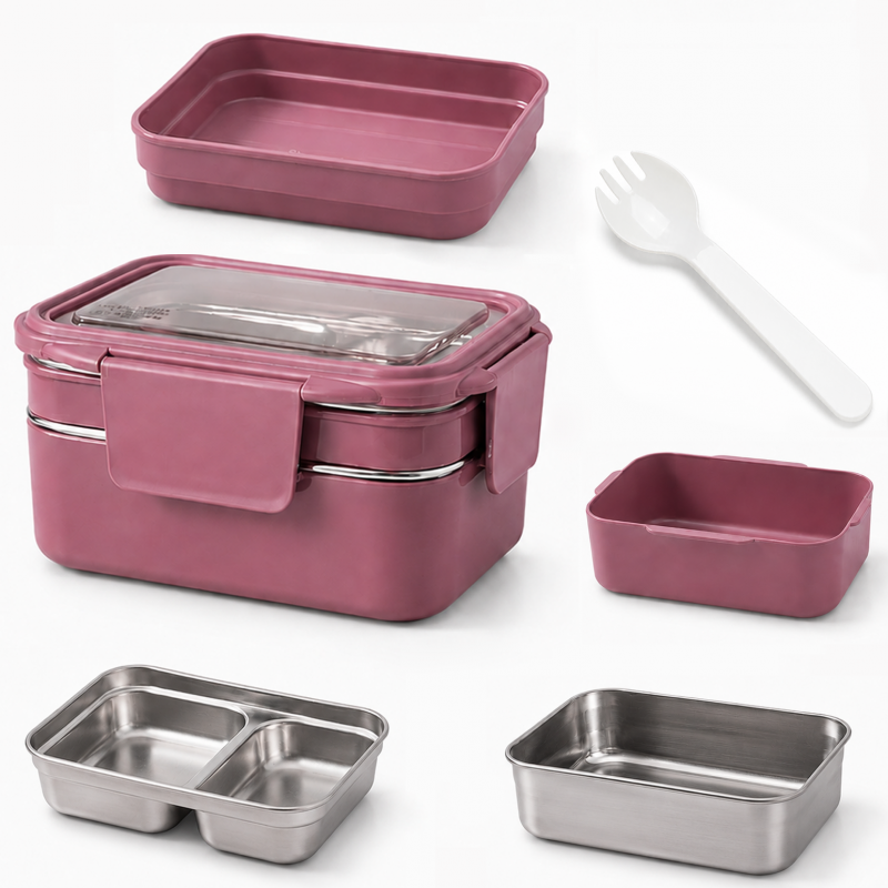 Śniadaniówka LUNCH BOX z widelcem, stal nierdzewna, 2 poziomy, ciemny róż PJM50CR