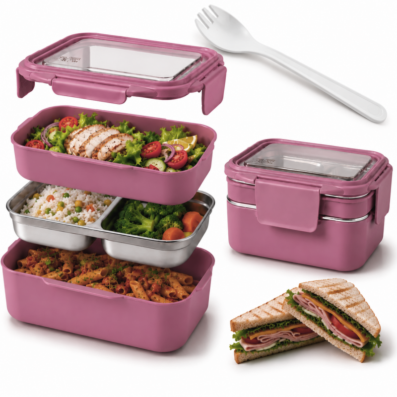 Śniadaniówka LUNCH BOX z widelcem, stal nierdzewna, 2 poziomy, ciemny róż PJM50CR