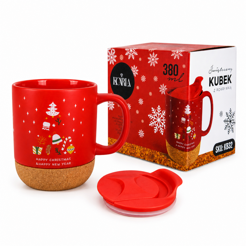 Świąteczny Kubek ceramiczny z korkiem 380 ml z przykrywką + pudełko KB32