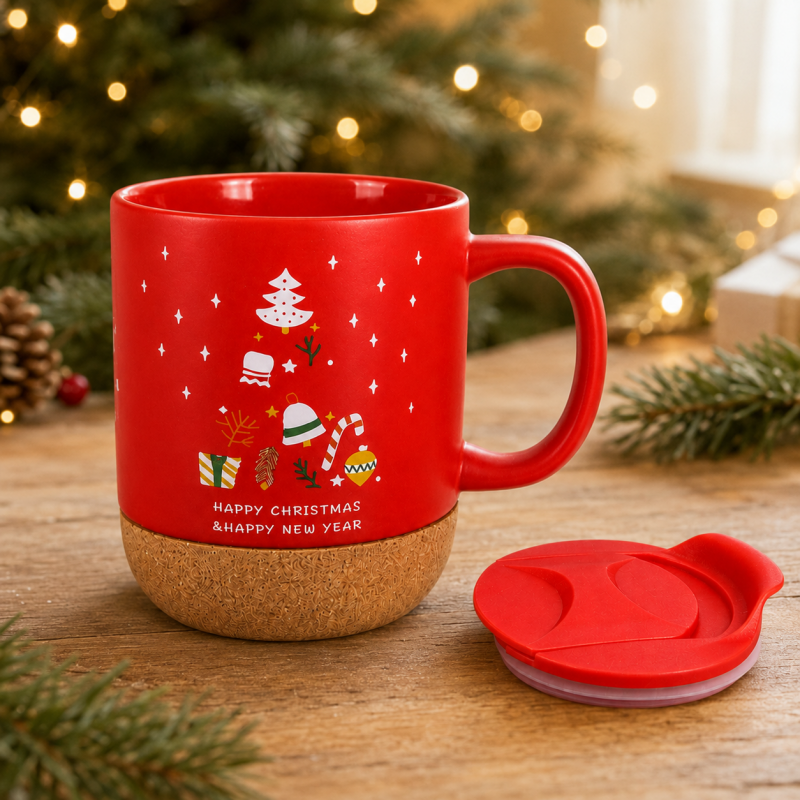 Świąteczny Kubek ceramiczny z korkiem 380 ml z przykrywką + pudełko KB32