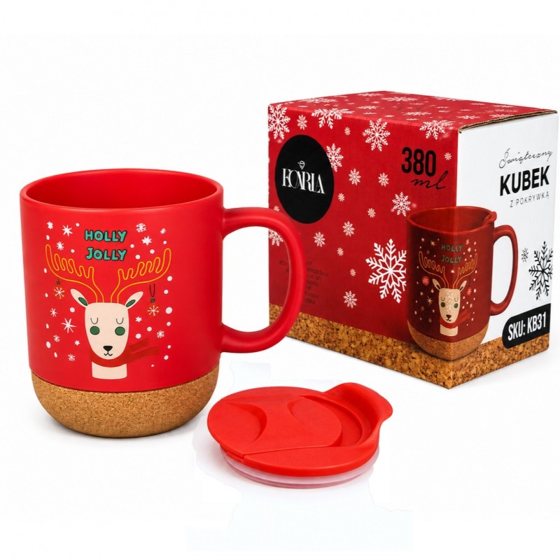 Świąteczny Kubek ceramiczny z korkiem 380 ml z przykrywką, w pudełku KB31