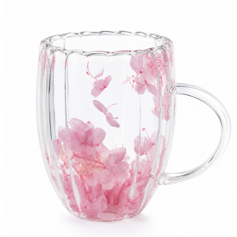 Szklanka termiczna ryflowana z kwiatami w środku, gipsówka róż 300 ml 1szt SZK157