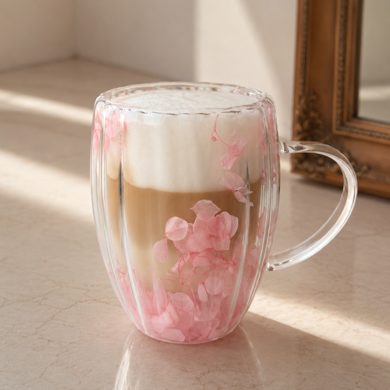 Szklanka termiczna ryflowana z kwiatami w środku, gipsówka róż 300 ml 1szt SZK157