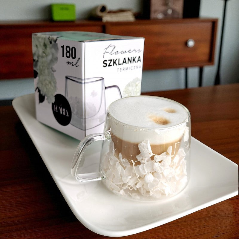 Szklanka termiczna z białymi kwiatami w środku, hortensje 180 ml 1szt - SZK186