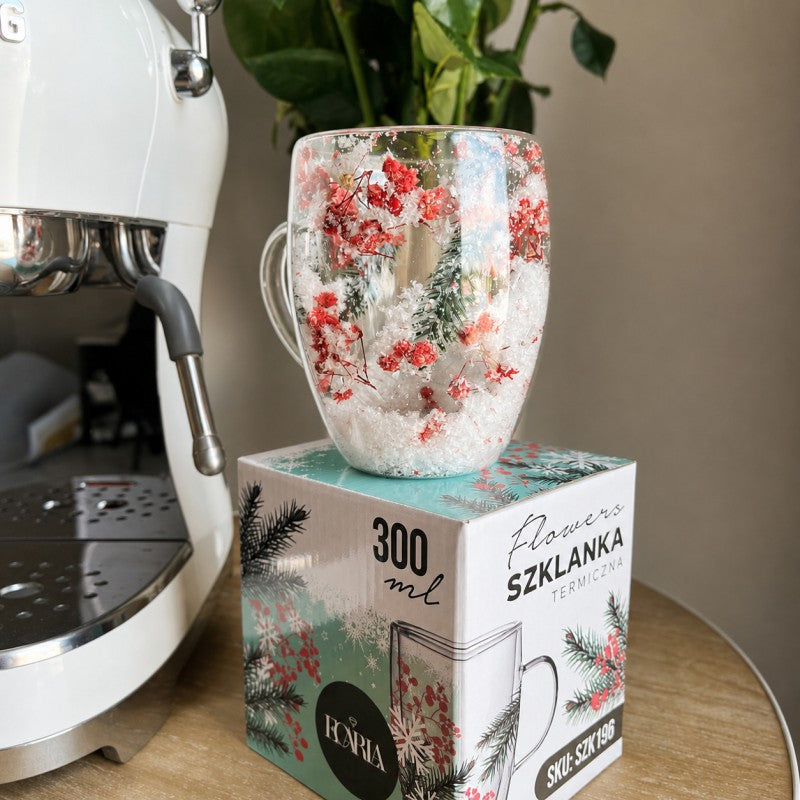 Szklanka termiczna z kwiatami w środku, akcenty świąteczne, śnieg 300 ml 1szt SZK198