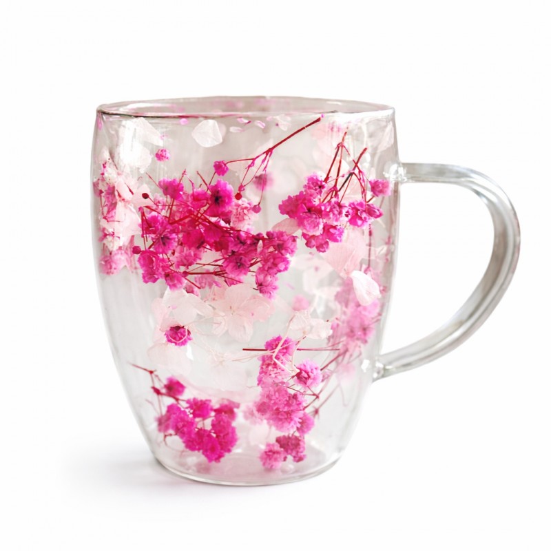 Szklanka termiczna z kwiatami w środku, gipsówka hortensje róż 300 ml 1szt SZK149