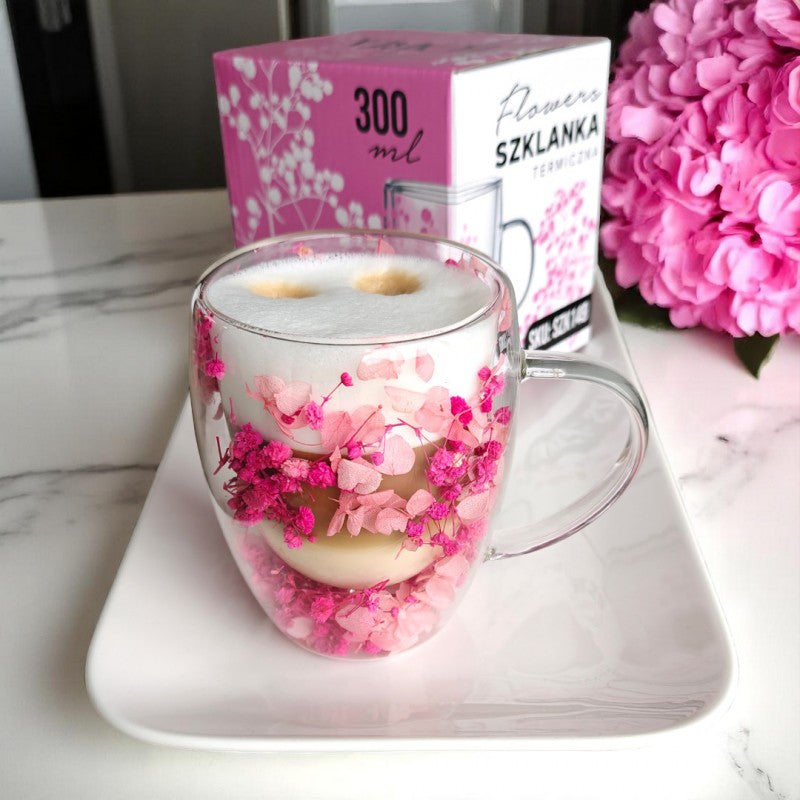 Szklanka termiczna z kwiatami w środku, gipsówka hortensje róż 300 ml 1szt SZK149