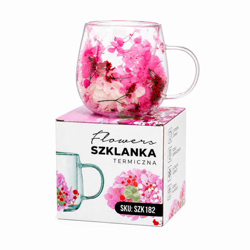 Szklanka termiczna z kwiatami w środku, gipsówka hortensje róż 300 ml 1szt SZK182