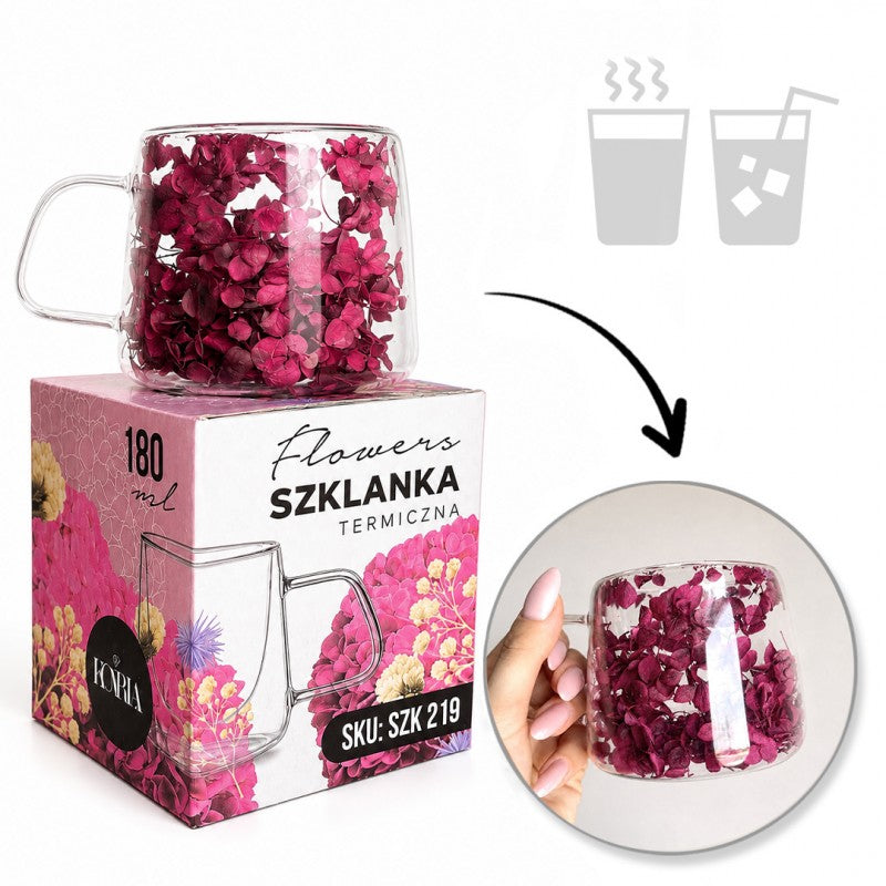 Szklanka termiczna z kwiatami w środku, pełna hortensji, burgund bordo180 ml 1szt SZK219