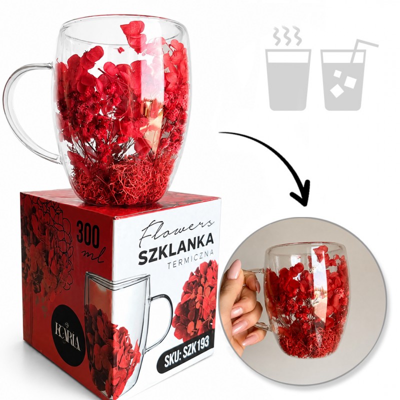 Szklanka termiczna z kwiatami w środku, pełne kwiatów mix, czerwone red 300ml 1szt SZK193