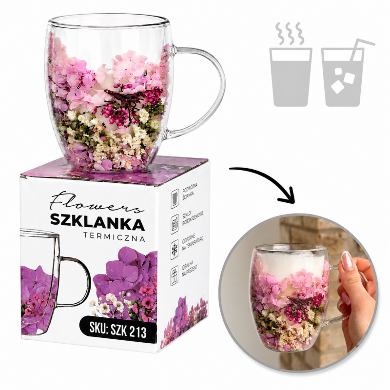 Szklanka termiczna z kwiatami w środku, wrzos, różowa hortensja 300 ml 1szt SZK213