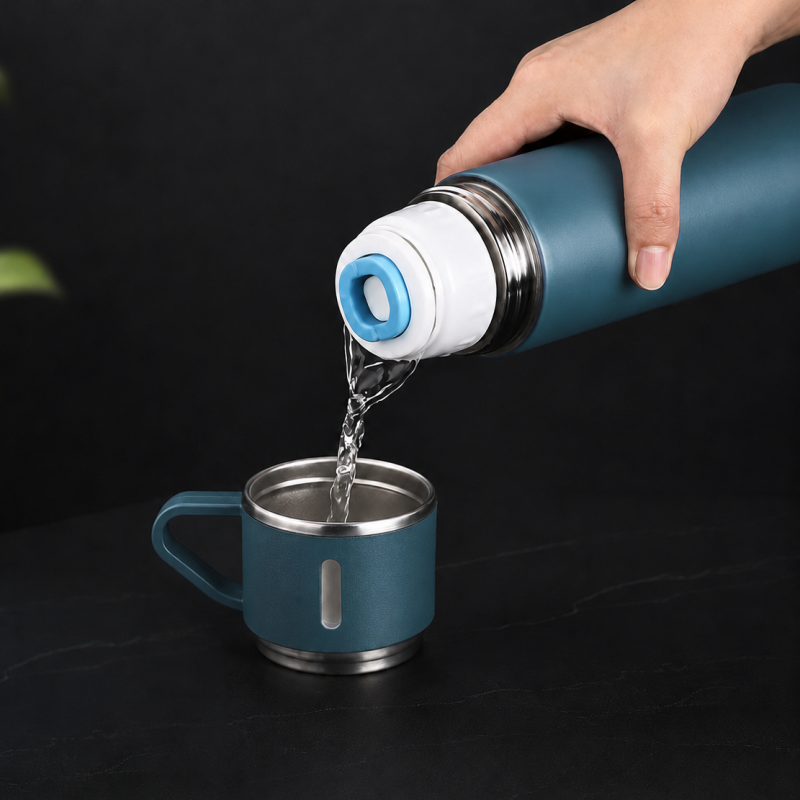 TERMOS turystyczny z kubkiem, szczelny, stal nierdzewna granatowy 500ml BD65GRAN
