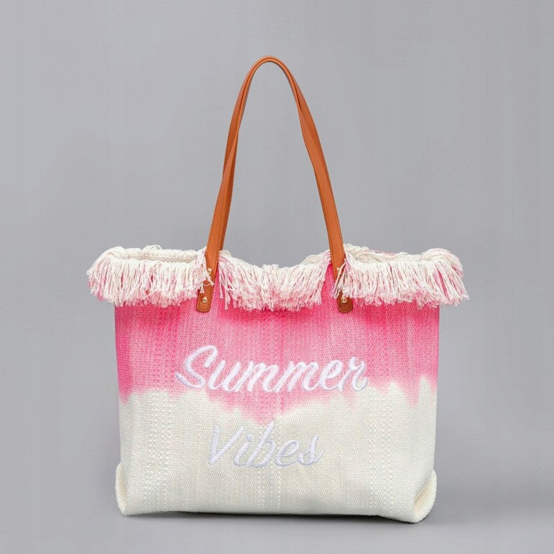 TORBA PLAŻOWA wakacyjna BOHO z frędzlami różowa ombre, na zakupy TP14R
