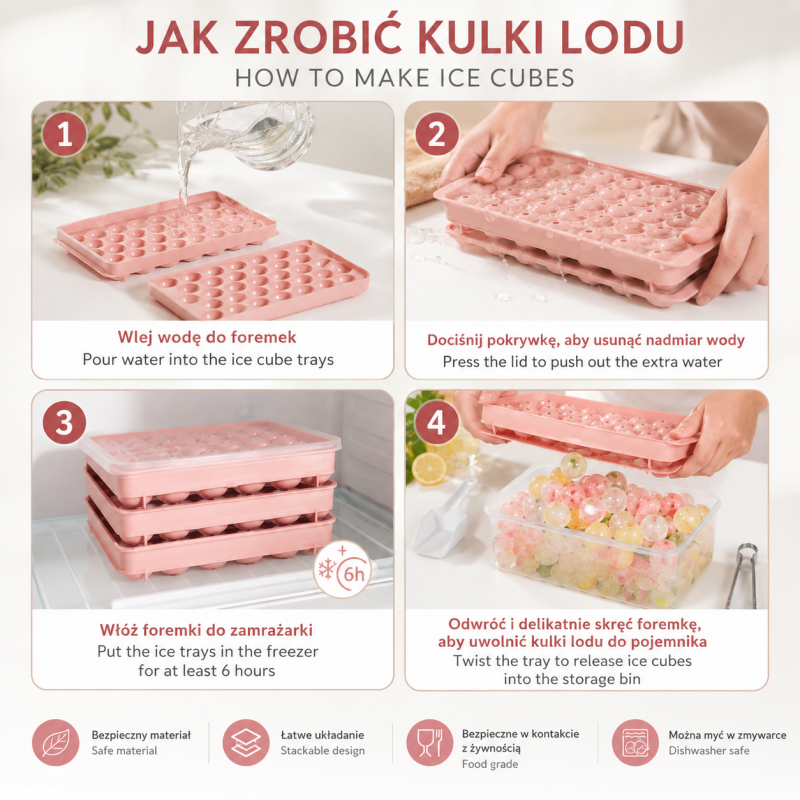Zestaw 3 foremek silikonowych do kostek lodów z pojemnikiem, 99szt kulek FNL09