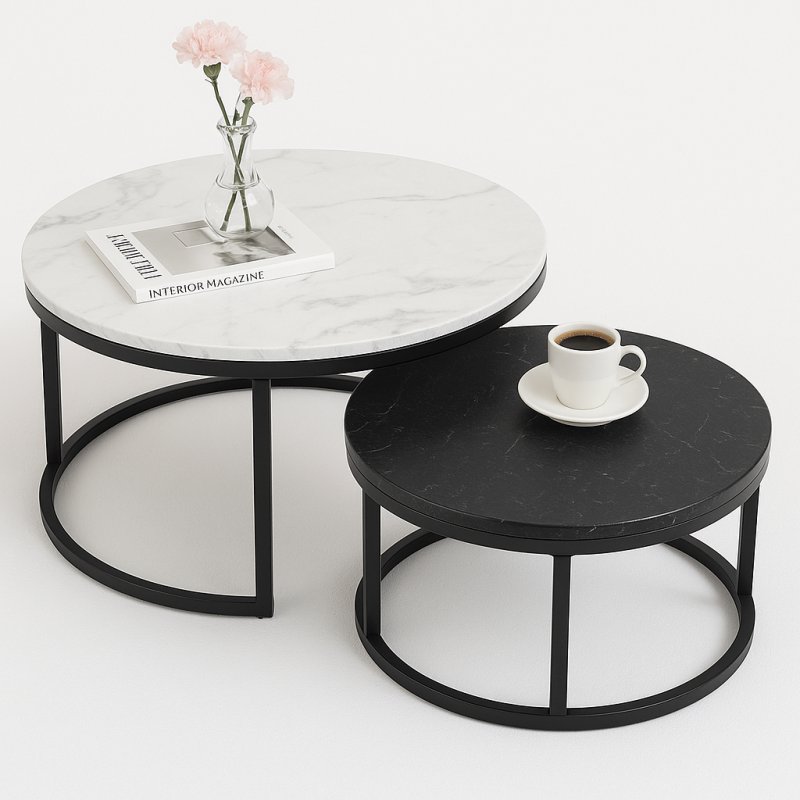 Zestaw okrągłych stolików kawowych 2w1 biało czarny marmur 60 i 80 cm STL14BCZ