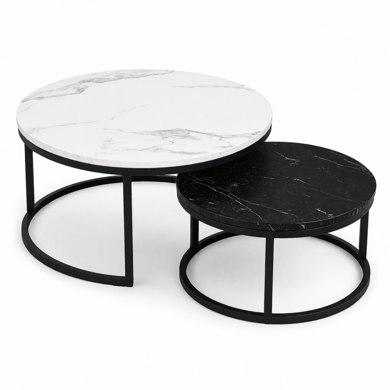 Zestaw okrągłych stolików kawowych 2w1 biało czarny marmur 60 i 80 cm STL14BCZ