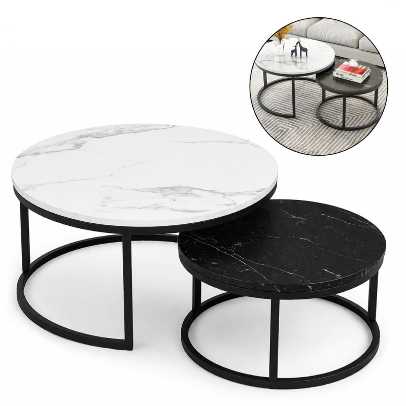 Zestaw okrągłych stolików kawowych 2w1 biało czarny marmur 60 i 80 cm STL14BCZ