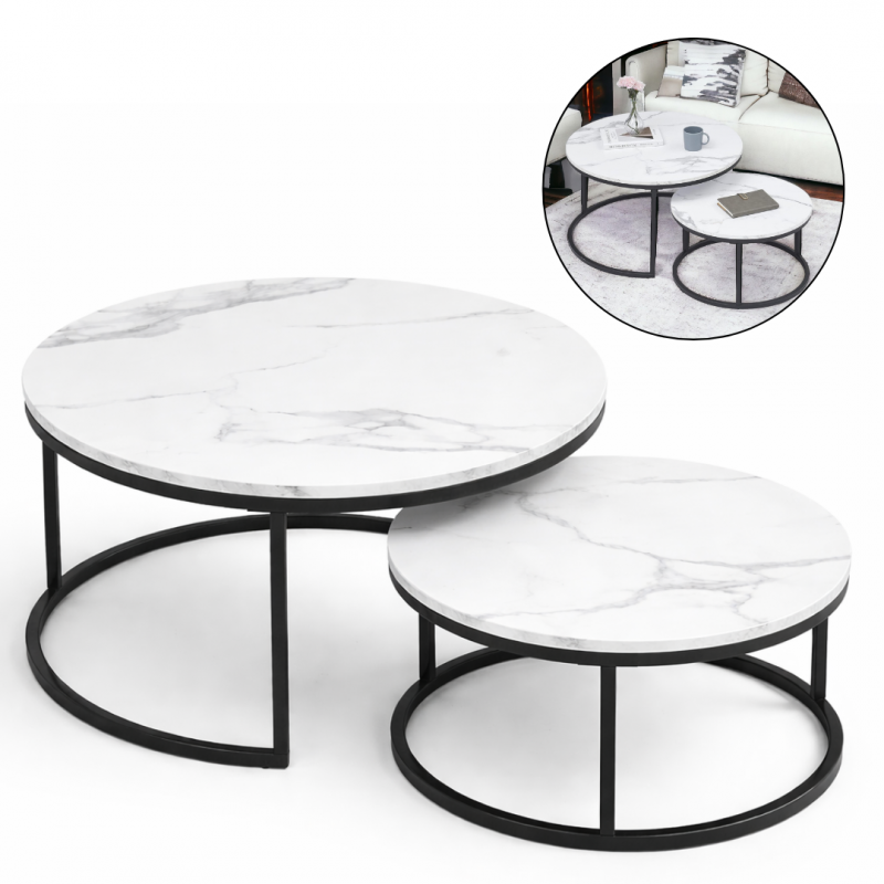 Zestaw okrągłych stolików kawowych 2w1 biały marmur 60 i 80 cm STL14
