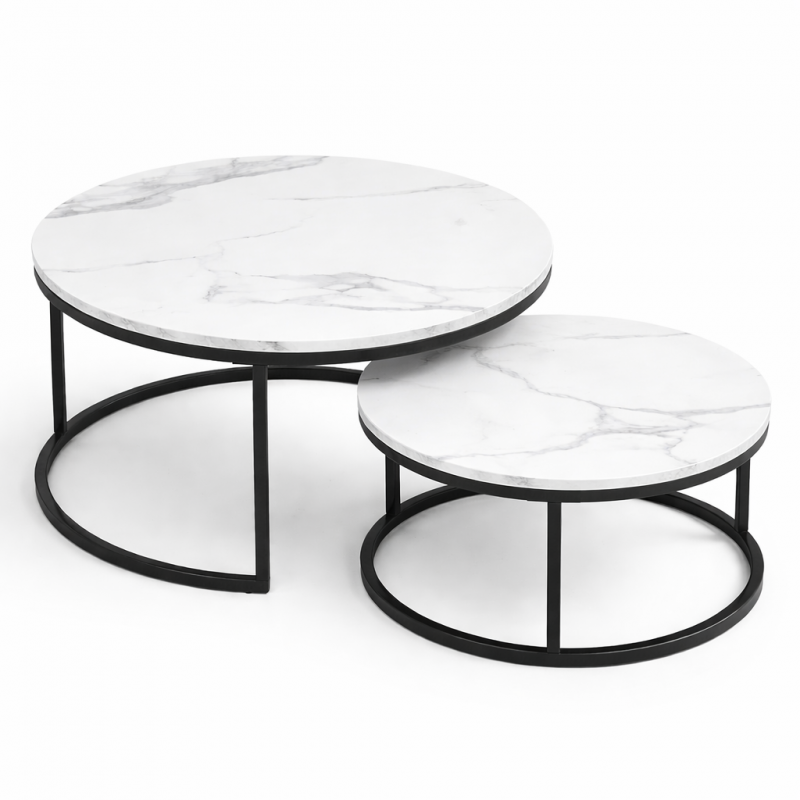 Zestaw okrągłych stolików kawowych 2w1 biały marmur 60 i 80 cm STL14